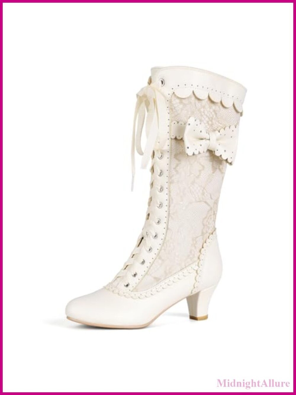 Victorian Lace Mid Calf Boots Adjustable Lace-Up Side Zipper Kitten Heel Wedding